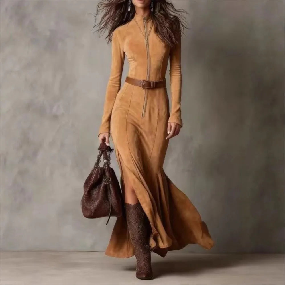 The Wimbledon Suede-Look Belted Maxi Dress