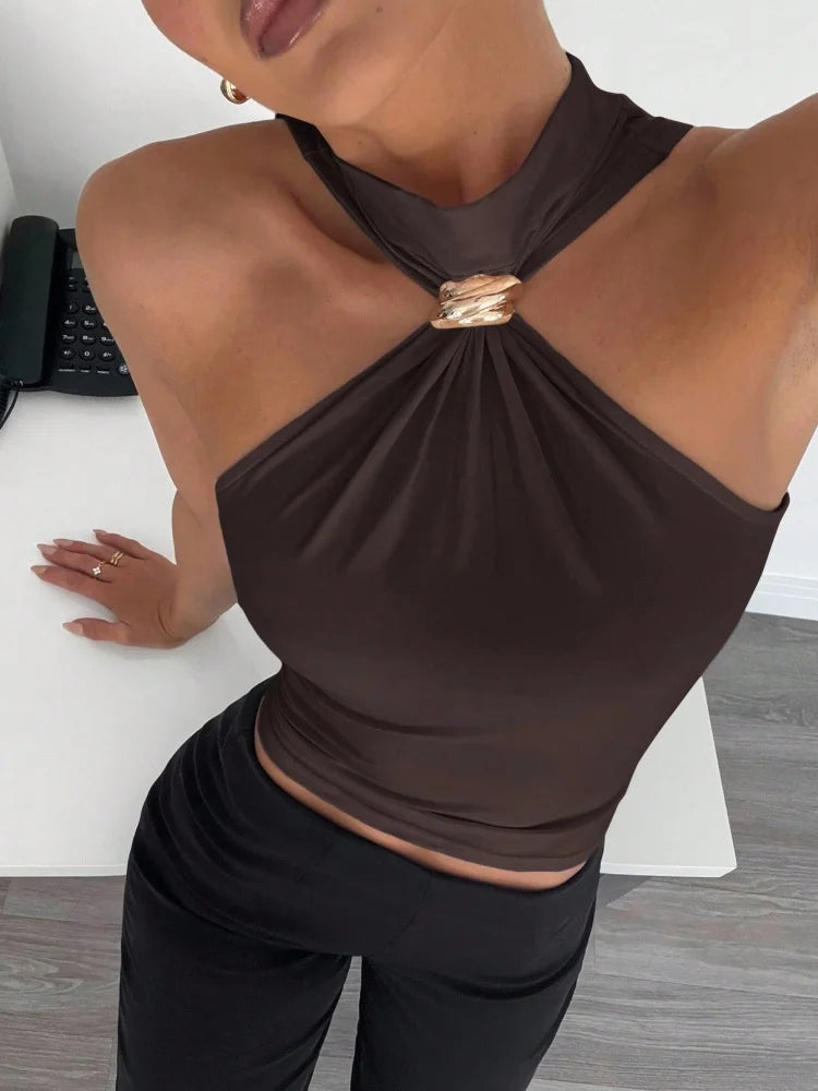 The Tooting Bec Ring-Detail Halter Crop Top